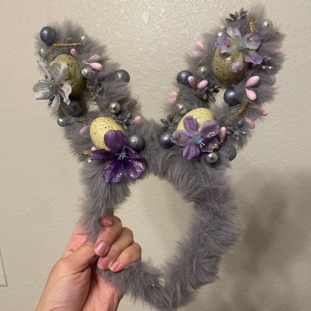 Gray Floral Easter Ears / Bunny Ear Headband